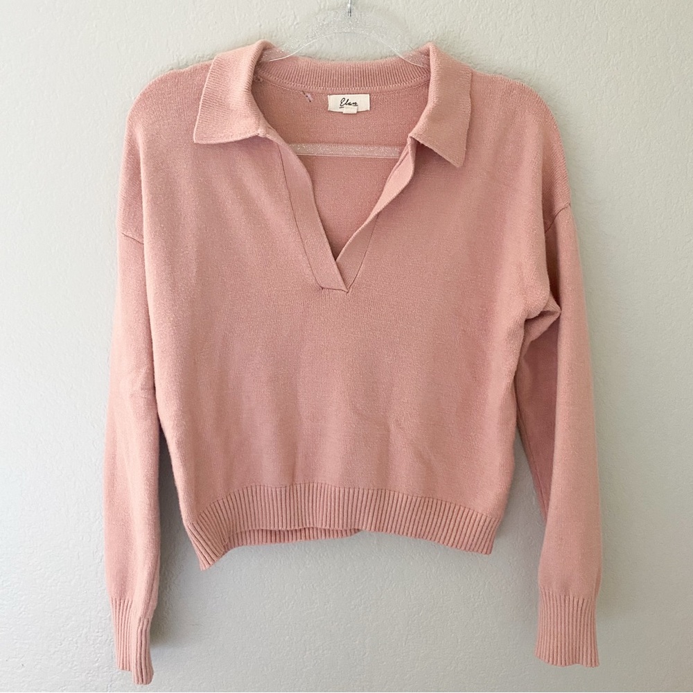 Elan V Neck Collared Crop Sweater Dusty Pink